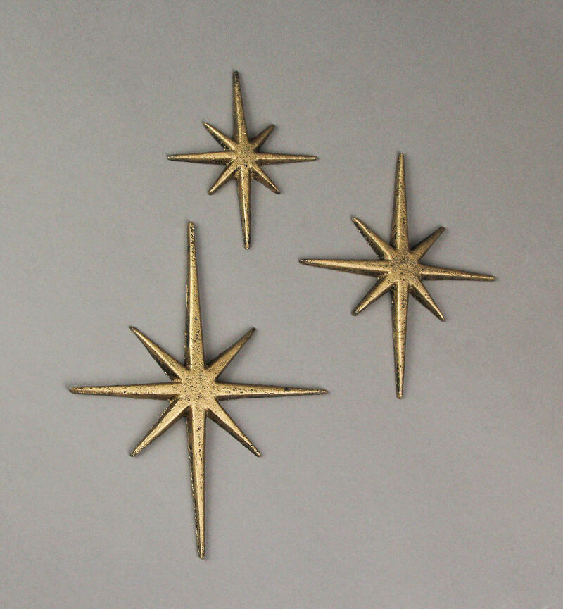 Set of 3 Gold Cast Iron 8 Pointed Starburst Wall Hangings Mid Century Stars image number 3