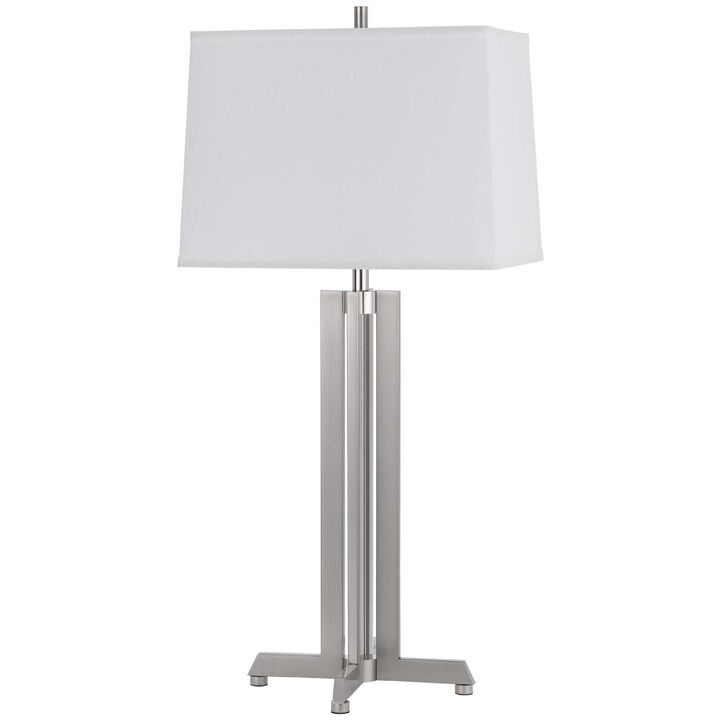 Liam Table Lamp, White Drum Shade, 30 Inch Brushed Steel Footed Base