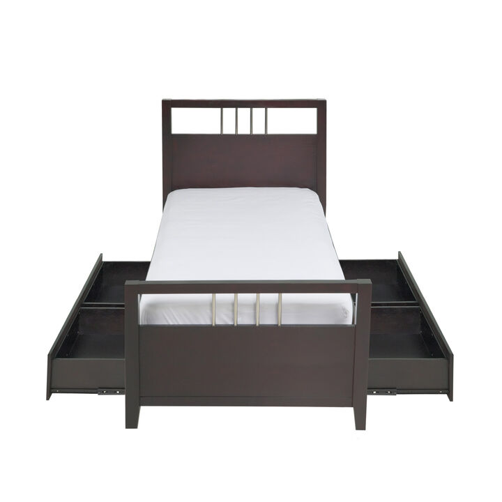 Fang King Size Storage Bed, Sleigh Headboard, 4 Drawers, Espresso Brown  - Benzara