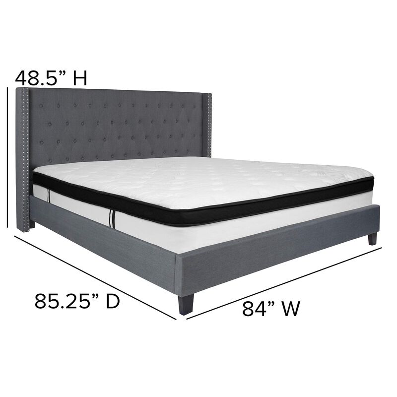 Riverdale King Size Tufted Upholstered Platform Bed in Dark Gray Fabric with Memory Foam Mattress