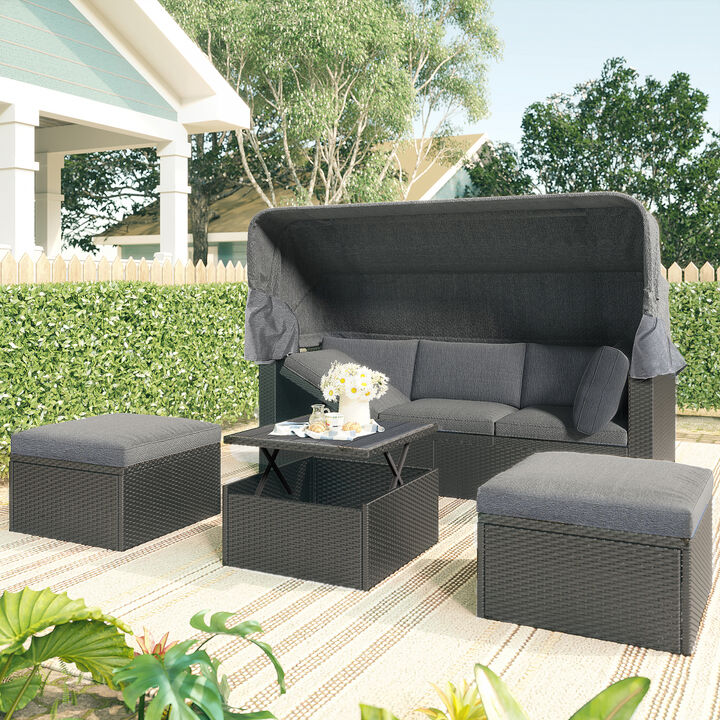 Outdoor Patio Rectangle Daybed with Retractable Canopy, Wicker Furniture Sectional Seating with Washable Cushions, Backyard, Porch（As same as WY000263AAE）