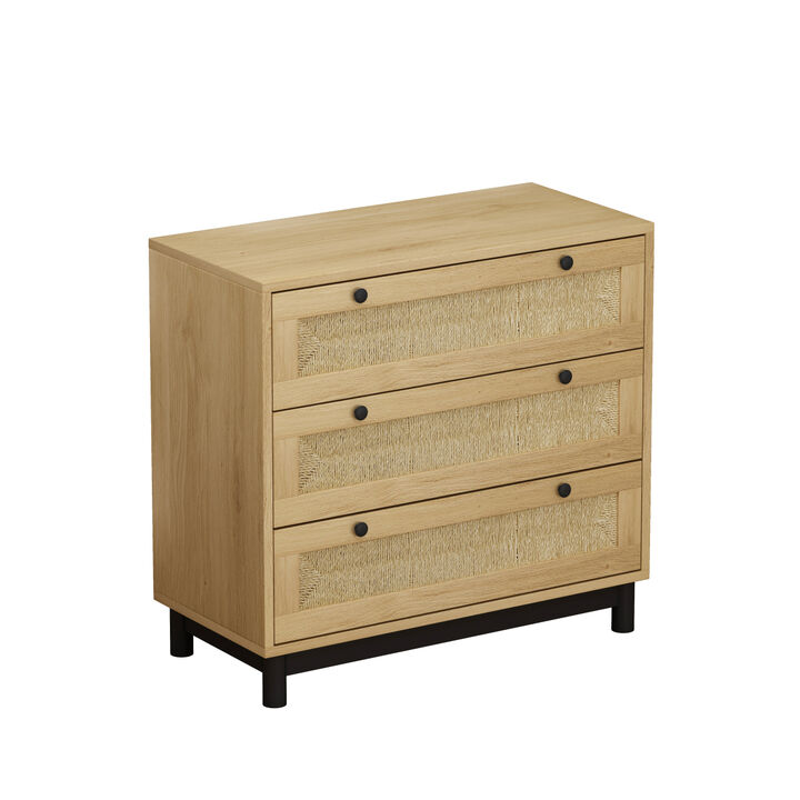 30.31"3-Drawers Storage Cabinet Rope Woven Drawer, for Bedroom, Living Room, Dining Room, Hallways, Oak