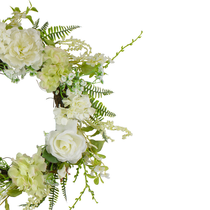 Peony and Rose Artificial Spring Wreath  White and Green - 24-Inch