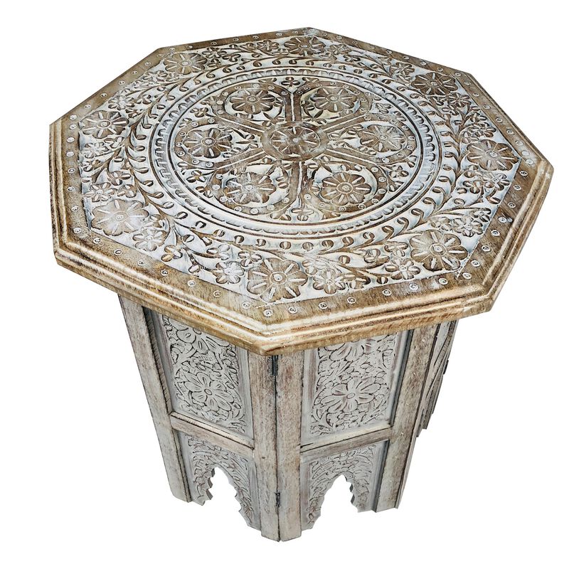 Olta 18 Inch Handcrafted Farmhouse Side Table, Engraved Carved Design, Mango Wood, Octagonal Top, Antique Brown-Benzara