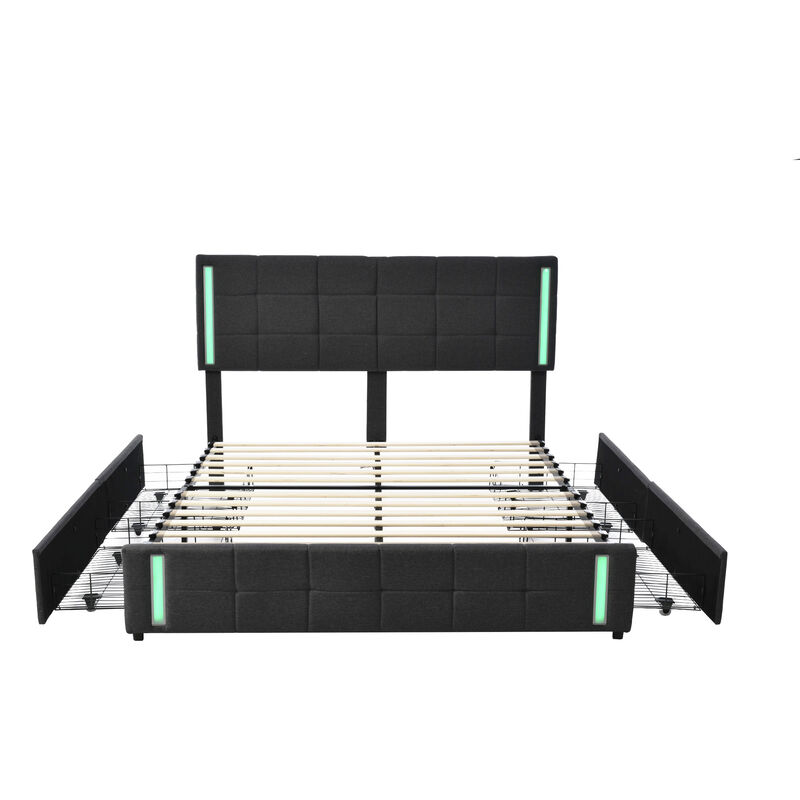 Merax Upholstered Platform Bed with LED Lights and USB Charging, Storage Bed with 4 Drawers image number 5