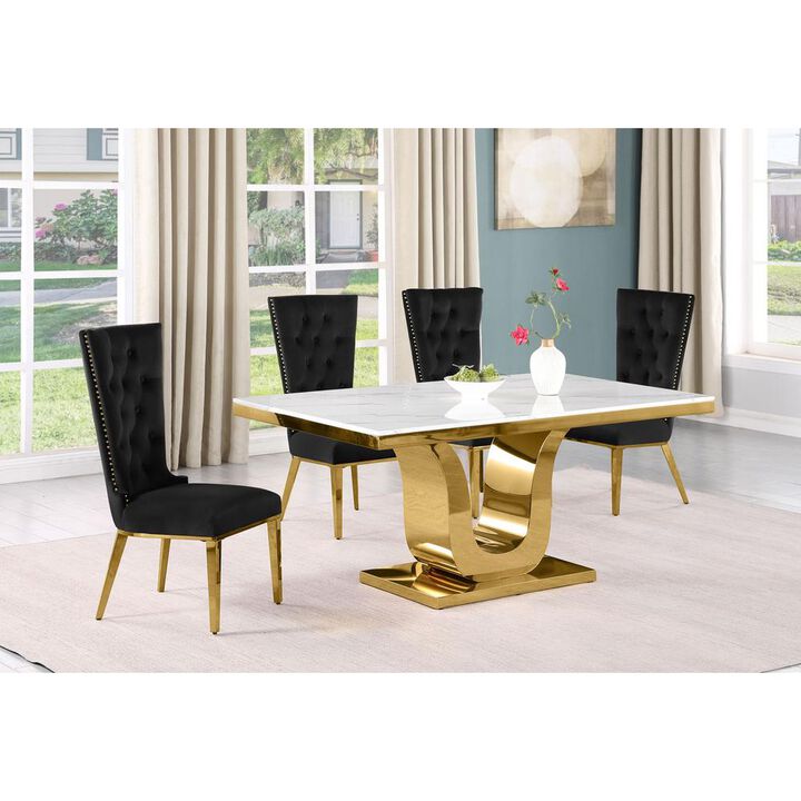5pc Small(66") marble top dining set with gold base and 4 Black side chairs