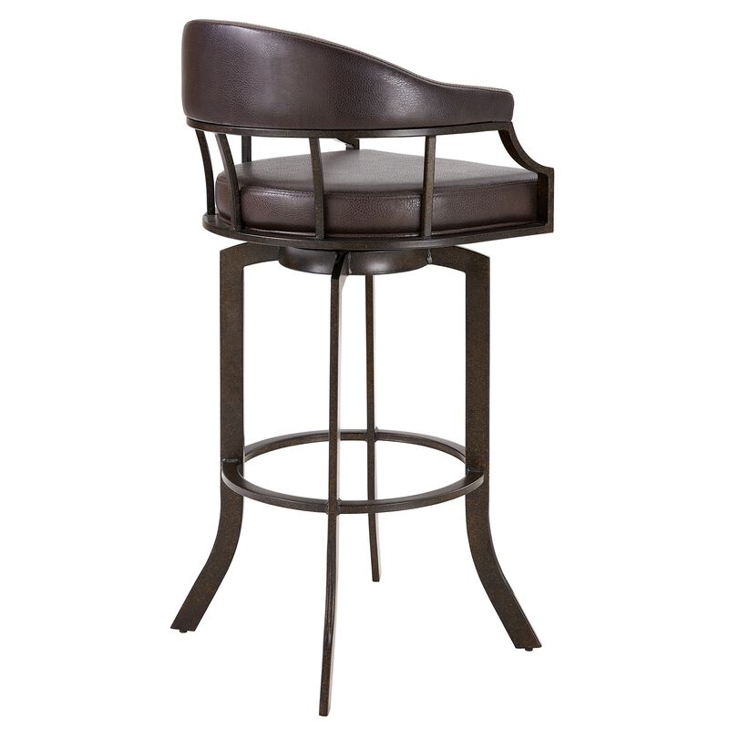 Nuf 30 Inch Swivel Barstool Armchair, Curved Round Back, Brown Faux Leather-Benzara image number 3