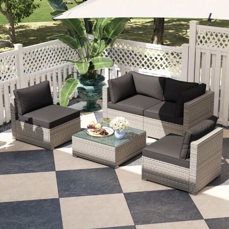 Hivvago 5-Piece Outdoor Patio Sectional Sofa Couch and Glass Coffee Table with Cushions