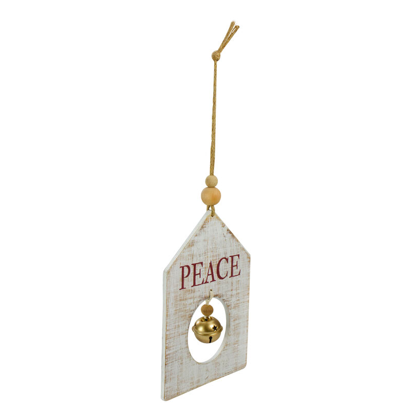 8" White Wooden "Peace" With Gold Bell Christmas Ornament