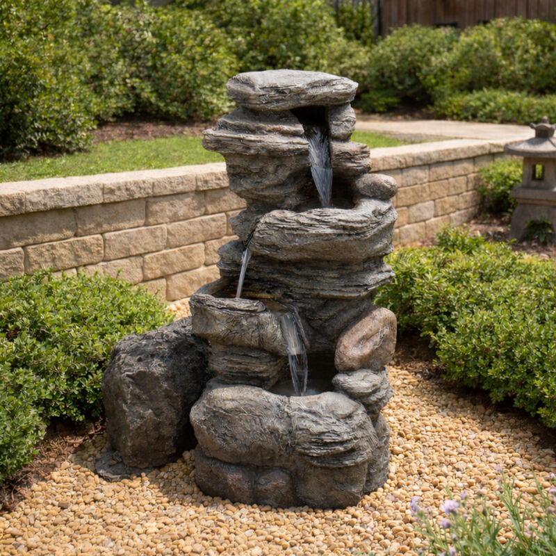 Outdoor Faux Stone 4-Tier Water Fountain with LED, Gray image number 1