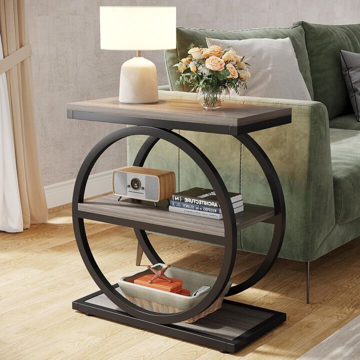 Tribesigns 3-Tier End Table, Industrial Side Table with Round Metal Frame, Narrow Nightstand for Bedroom, Sofa Side Table with Storage Shelves for Living Room, Slim Small Table, 50 lb Capacity
