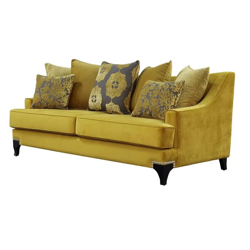 Visco 2pc Sofa, Loveseat Set, 8 Throw Pillows, Rivet Trim, Gold Yellow - Benzara