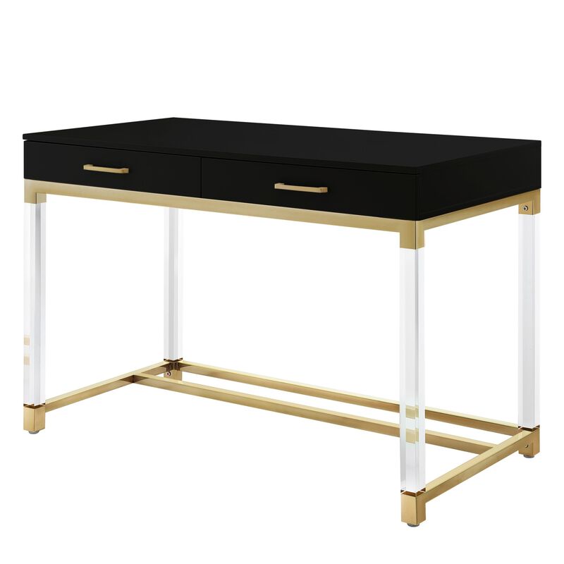 Inspired Home Kalel High Gloss 2 Drawers Writing Desk with Acrylic Legs and Stainless Steel Base