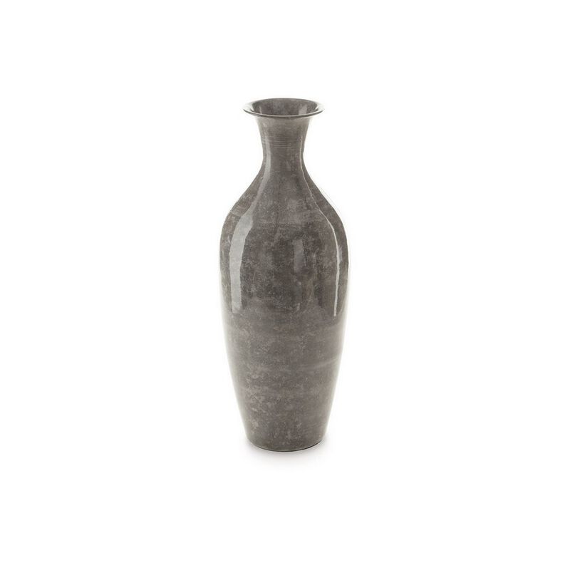 Rock 16 Inch Vintage Flower Vase, Home Decor, Antique Gray Metal Finish - Benzara