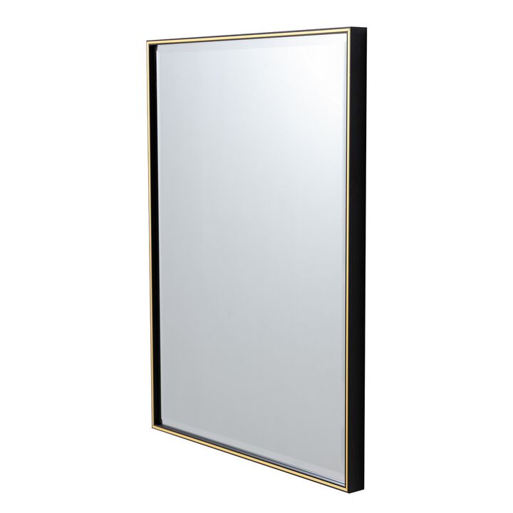 28 Inch Beveled Metal Frame Rectangular Wall Mirror, Black, Gold Accent-Benzara