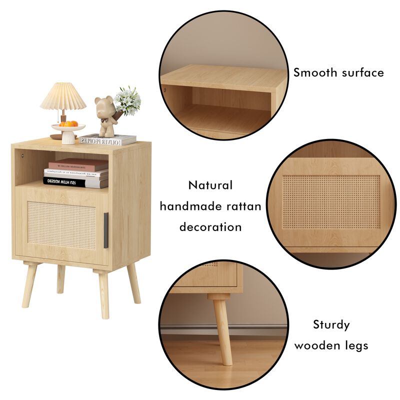 22.83" Assembled Rattan Nightstand with Door Open Shelf Solid Wood Legs image number 6
