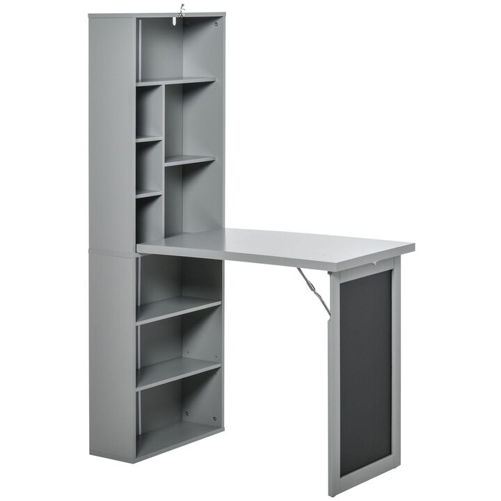 Gray Space-Saving Desk: Wall-Mounted Folding Table with Shelf