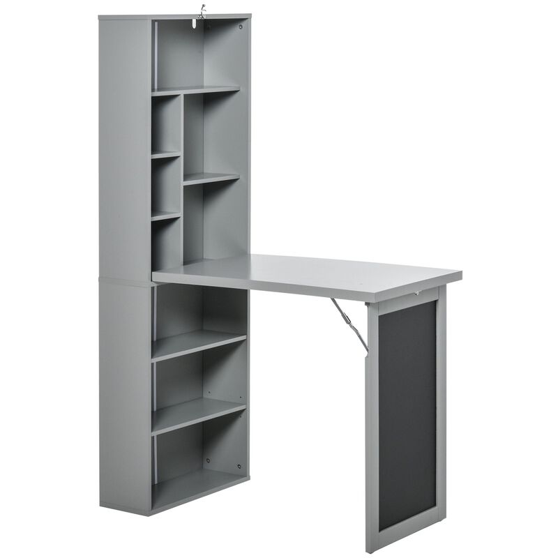Gray Space-Saving Desk: Wall-Mounted Folding Table with Shelf