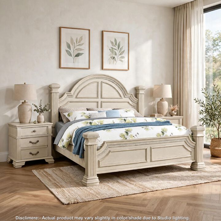 3pc King Bedroom Set, Antique White Wood, 2 Nightstands