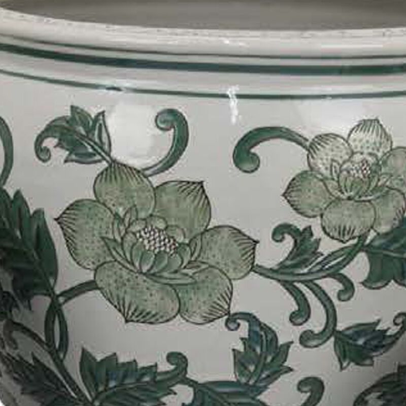 Hely 3 Planter Set, Green White Floral Glazed Ceramic 16, 12, 8 Inch