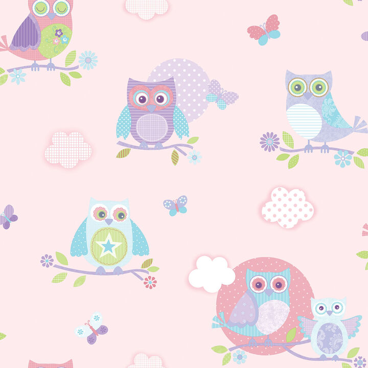 Just 4 Kids 2 Colourful Owls Pink Wallpaper G56036