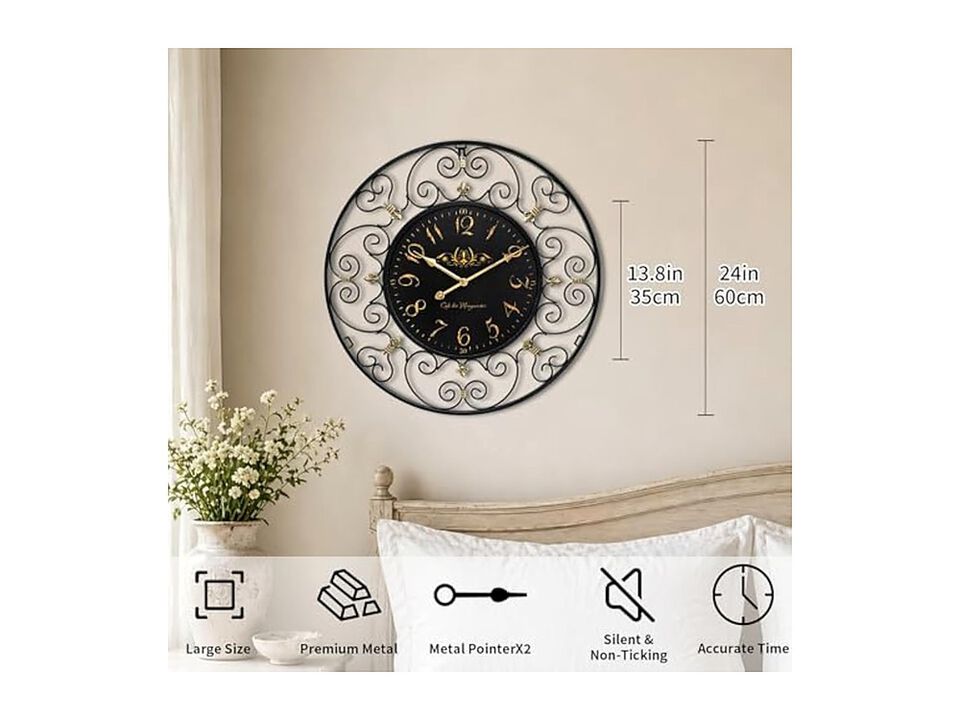 Vintage Iron Metal French Elegant Retro Wall Clock 24 Inch Silent