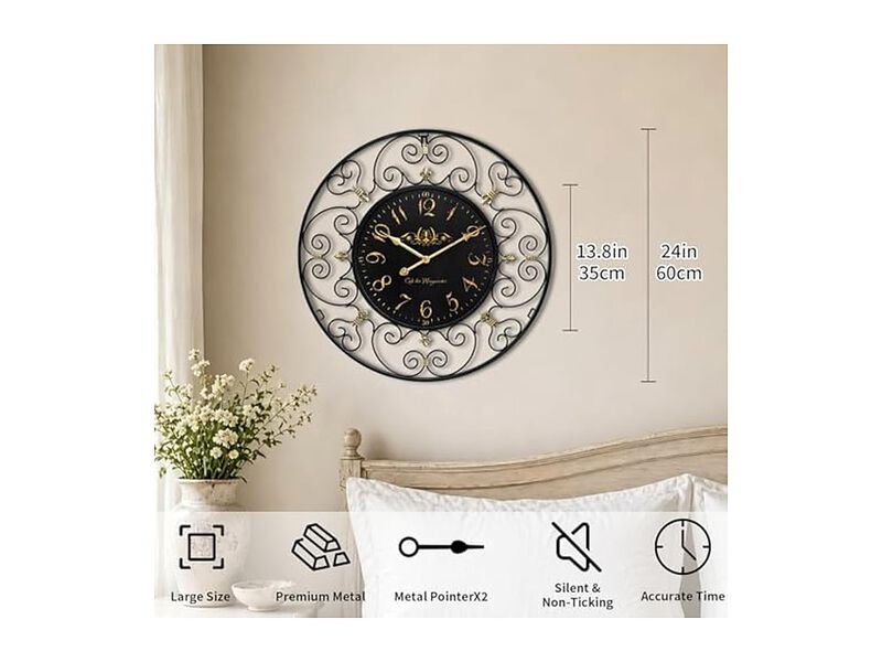 Vintage Iron Metal French Elegant Retro Wall Clock 24 Inch Silent image number 1