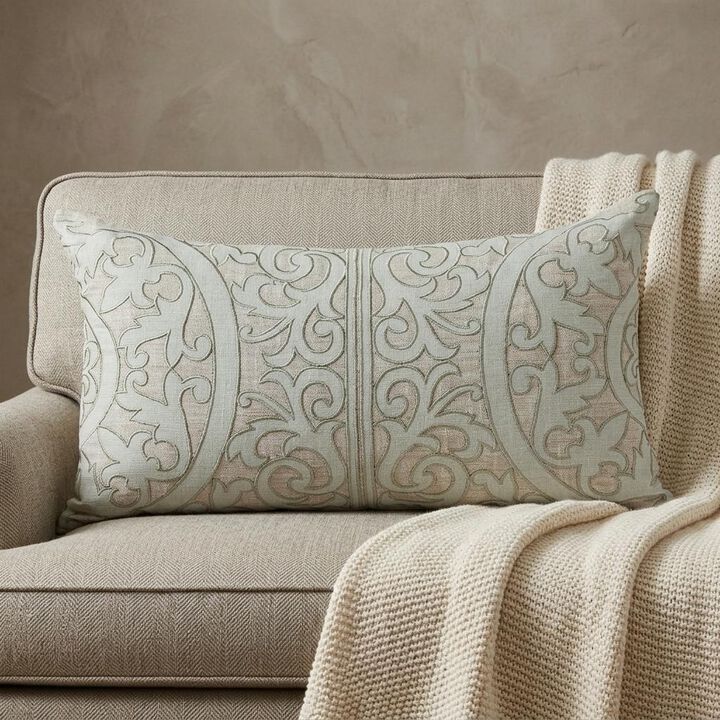 HomeRoots 14" X 24" Beige and Green Linen Lumbar Throw Pillow with Embroidery