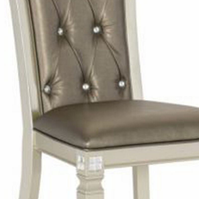 Lin 20 Inch Dining Side Chair Set of 2, Tufted Gray Faux Leather, Champagne - Benzara