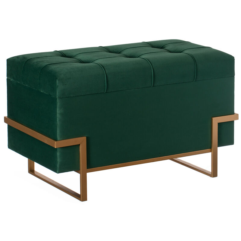 Rectangle Velvet Storage Ottoman Stool Box with Abstract Golden Legs | Decorative Sitting Bench for Living Room Home Decor with Unique Base Support (Green Large)