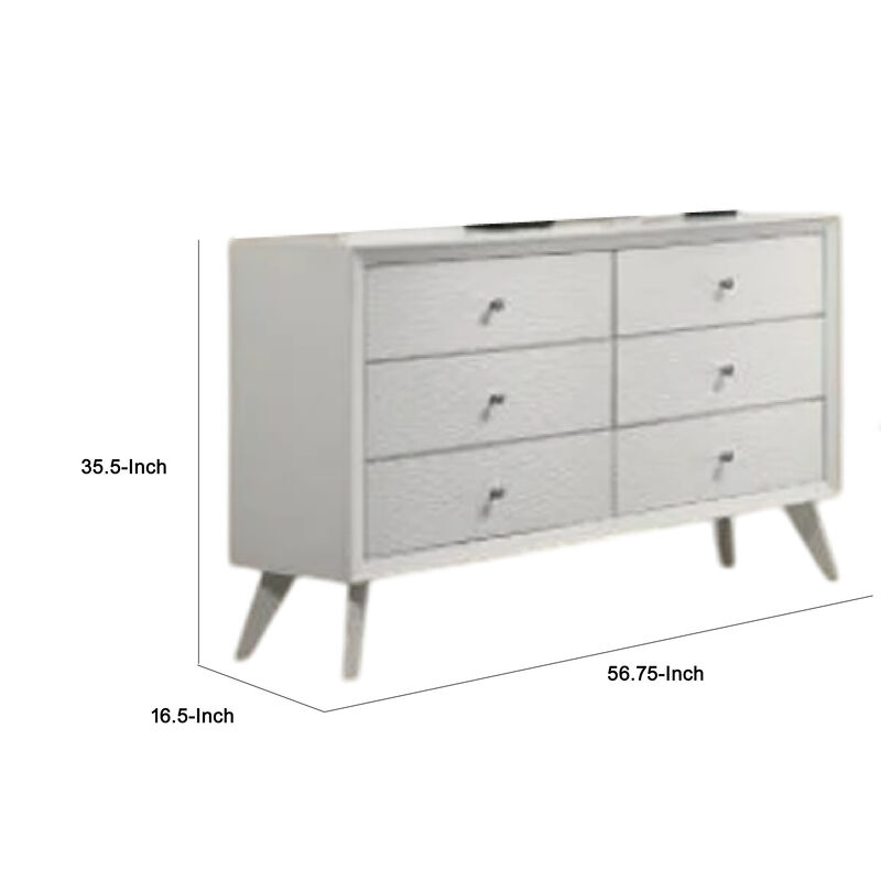 Tory Wide Dresser, 6 Drawers w Bronze Knobs, Textured White Wood