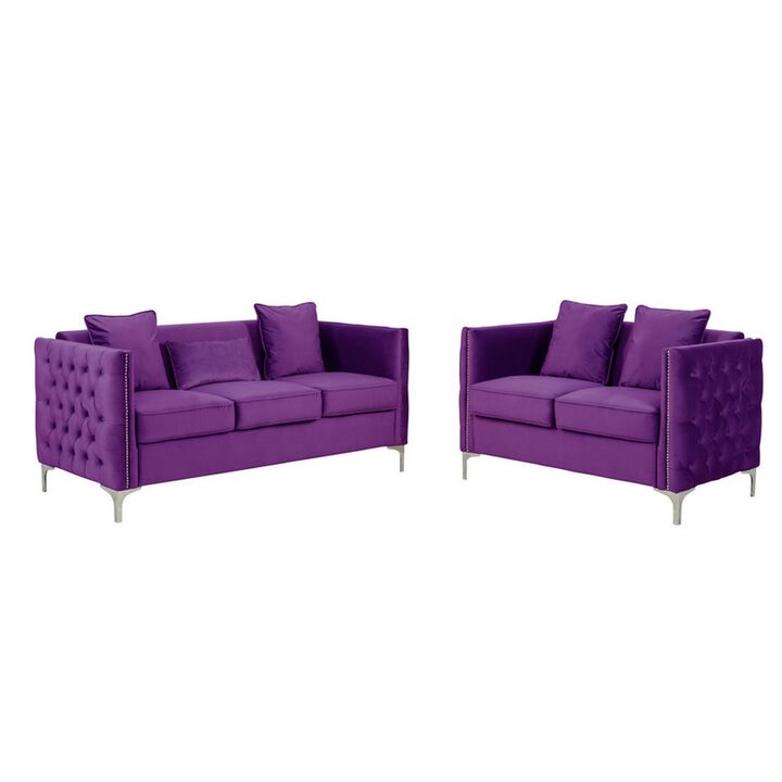 Joel Modern 2 Piece Sofa and Loveseat Living Room Set, Tufted Purple Velvet-Benzara