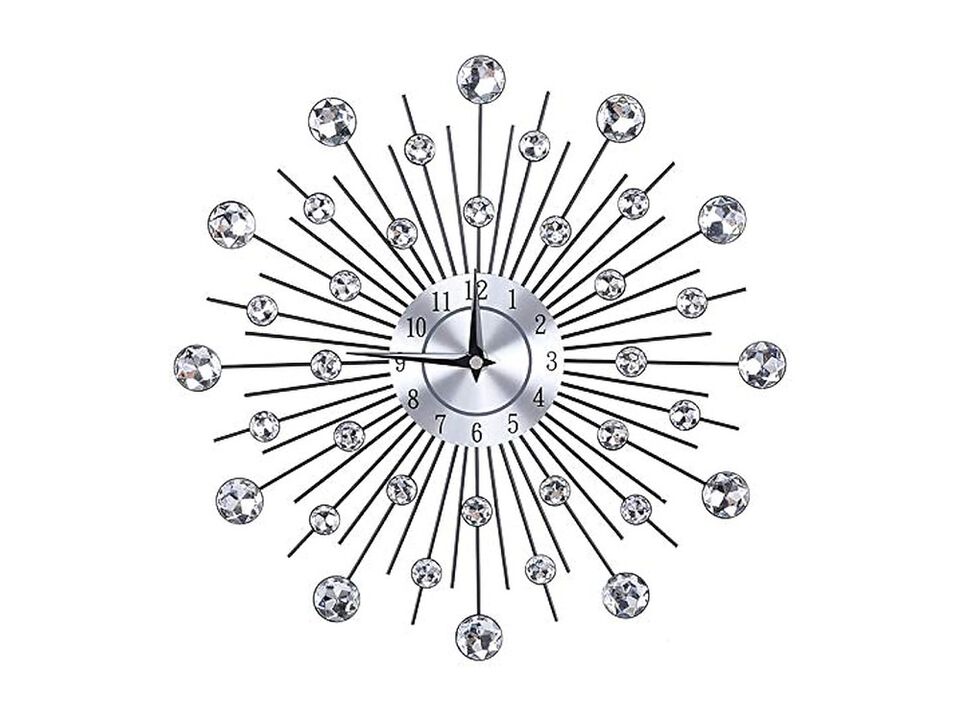 Crystal Sparkling Bling Diamond Studded Wall Clock 13 Inch Metal Silver Modern
