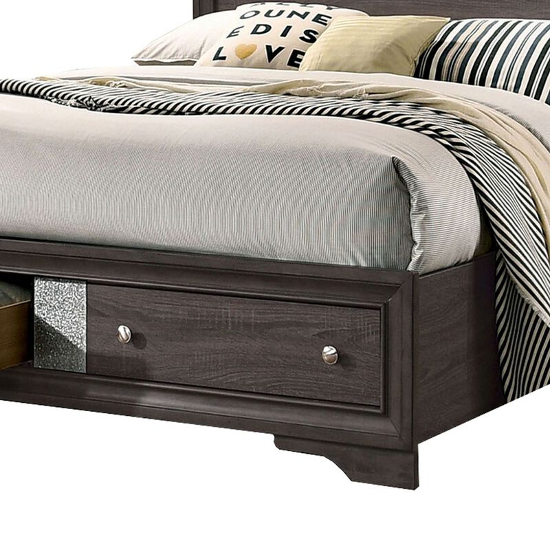 Queen Bed with Plank Headboard and 2 Drawers, Brown and Silver-Benzara