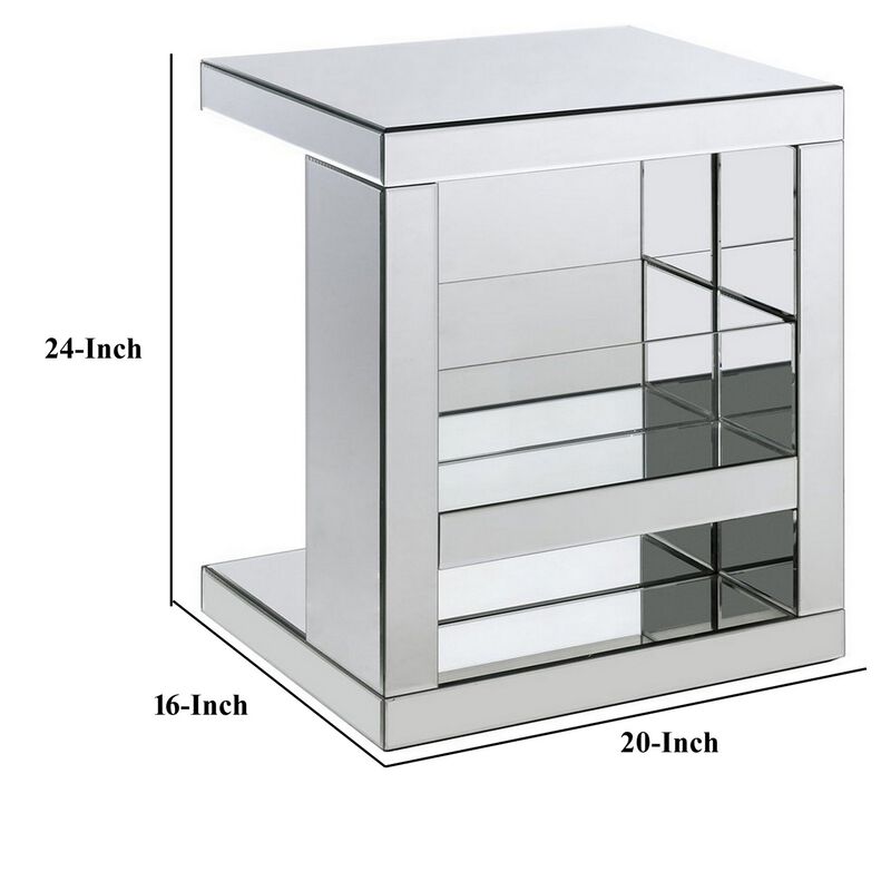 Accent Table with Mirrored Panels and C Shape, Silver-Benzara
