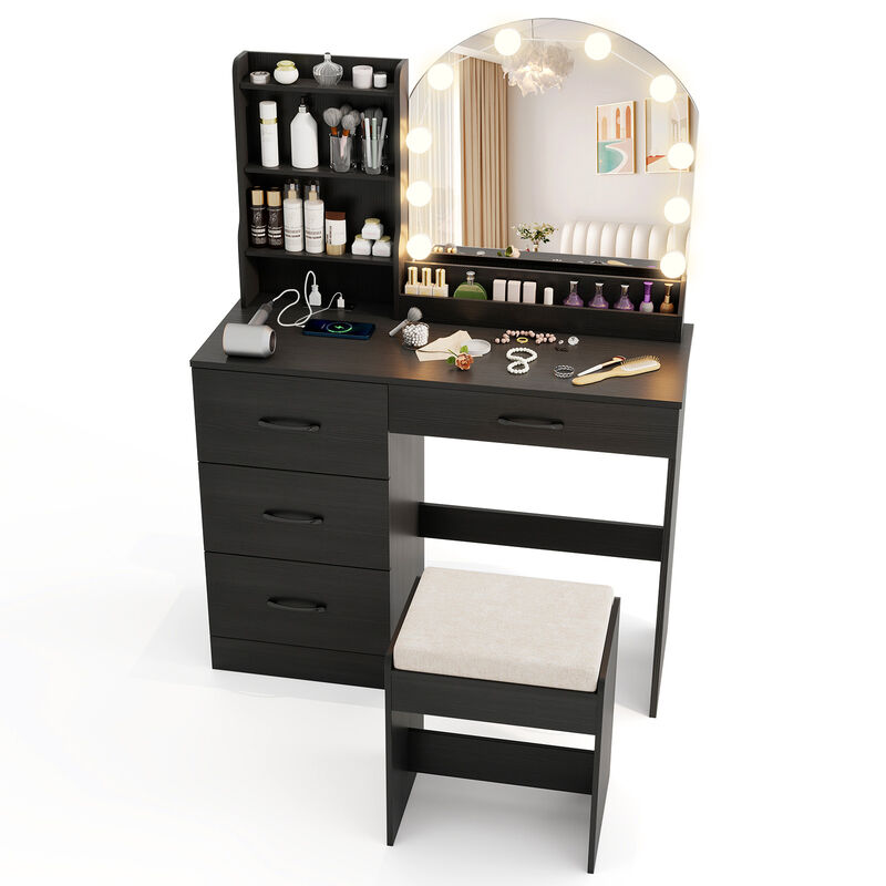 Makeup Vanity Desk Dressing Table and Stool Set with Mirror and Lights