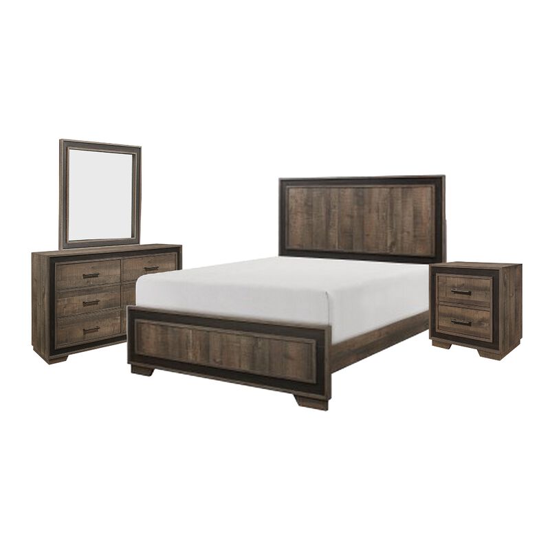 Shelli 4 Pc Queen Size Bedroom Set, Wood Planks, Mahogany Brown
