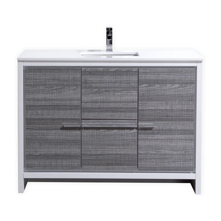 Kubebath 48″ Ash Gray Modern Bathroom Vanity with White Quartz Counter-Top