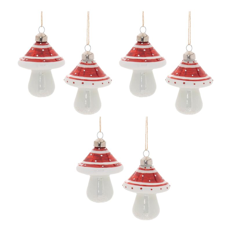 Glittered Mushroom Ornaments in Glass, Set of 6 for Christmas Tree Styling