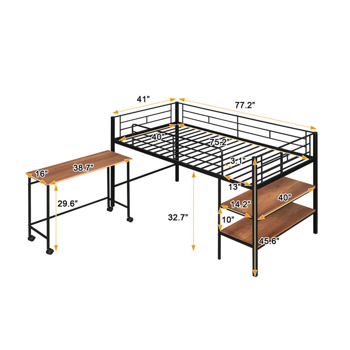 Twin Size Metal Loft Bed with Desk and Shelves, Black