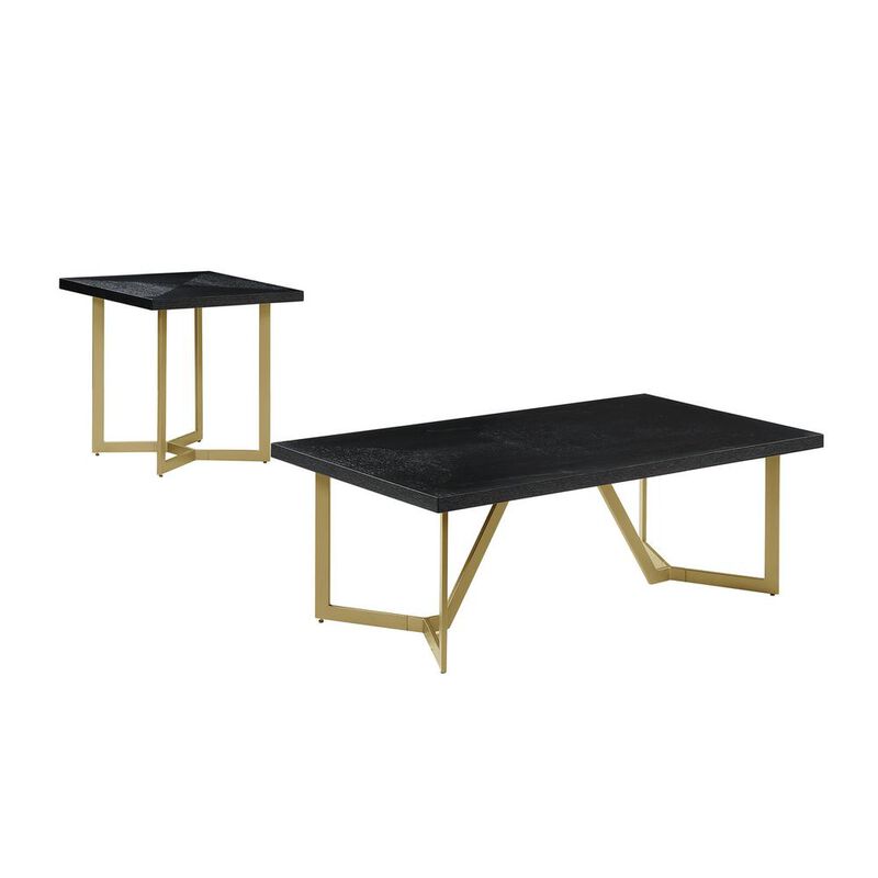 Best Quality Furniture 2pc Black wood top coffee set w/gold color iron base (coffee+end table)