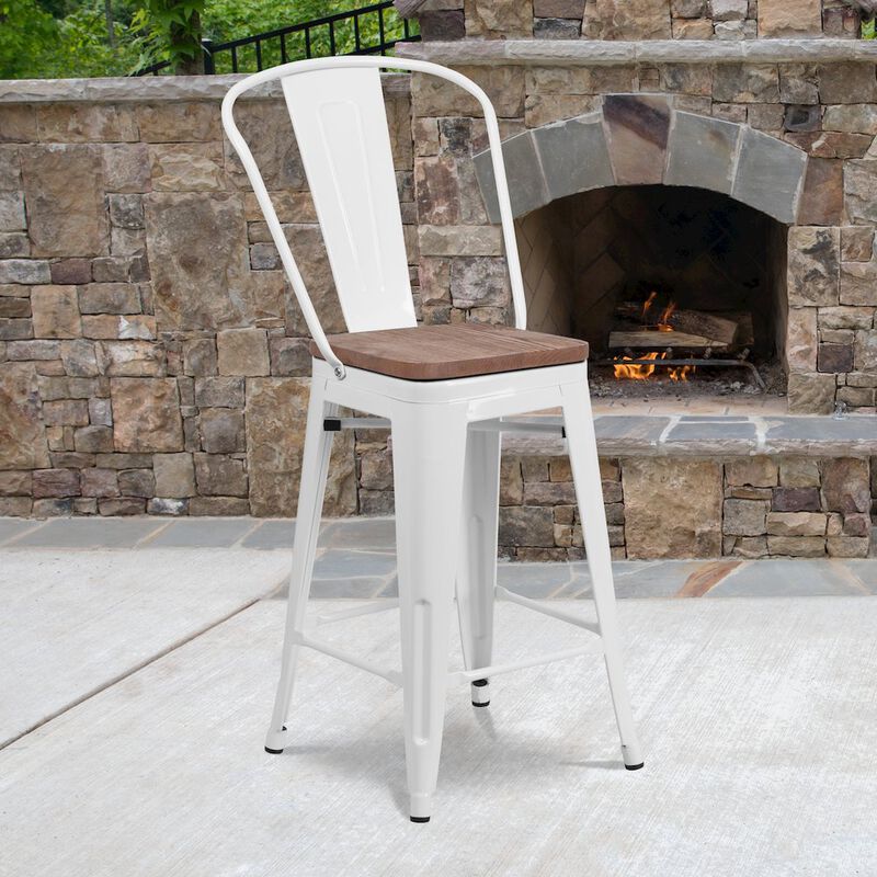 Flash Furniture 24" High White Metal Counter Height Stool with Back and Wood Seat image number 9