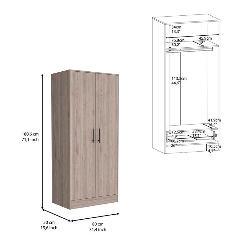DEPOT E-SHOP Darwin  Armoire, Double Door Cabinets, Metal Rod, Metal Handle, Two Shelves, One Drawer, Light Gray