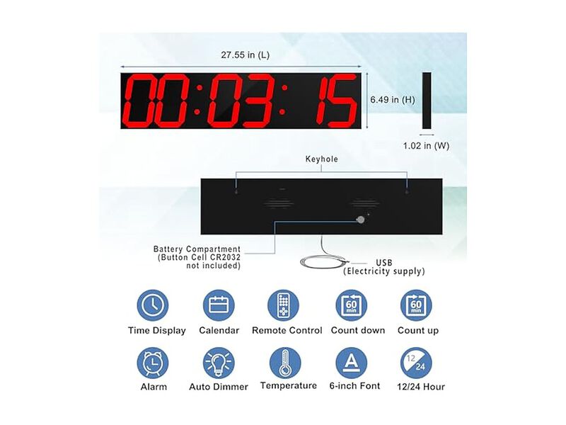 Digital Oversize LED Display Auto Wall Clock 27 Inch Red Home Decor image number 1