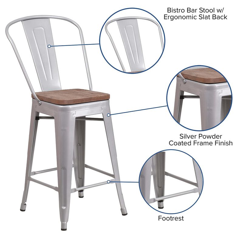Flash Furniture Lily 24" High Silver Metal Counter Height Stool with Back and Wood Seat