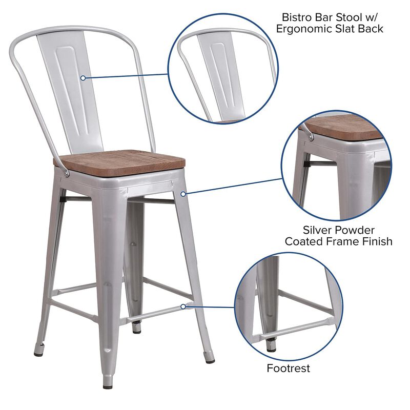 Flash Furniture Lily 24" High Silver Metal Counter Height Stool with Back and Wood Seat image number 2