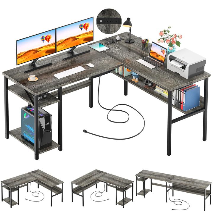 Unikito Reversible L Shaped Desk with Magic Power Outlets and USB Charging Ports, Sturdy Corner Computer Desk with Storage Shelv
