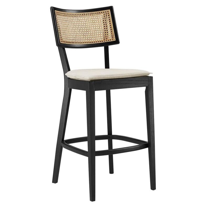 Modway Caledonia 46.5 Inch Elm Wood Bar Stools - Set of 2 in Black Beige - Padded Bar Stools with Rattan Back and Removable Cushion Cover - 2Pc High Bar Chairs with Footrest - Armless Bar Stools image number 1