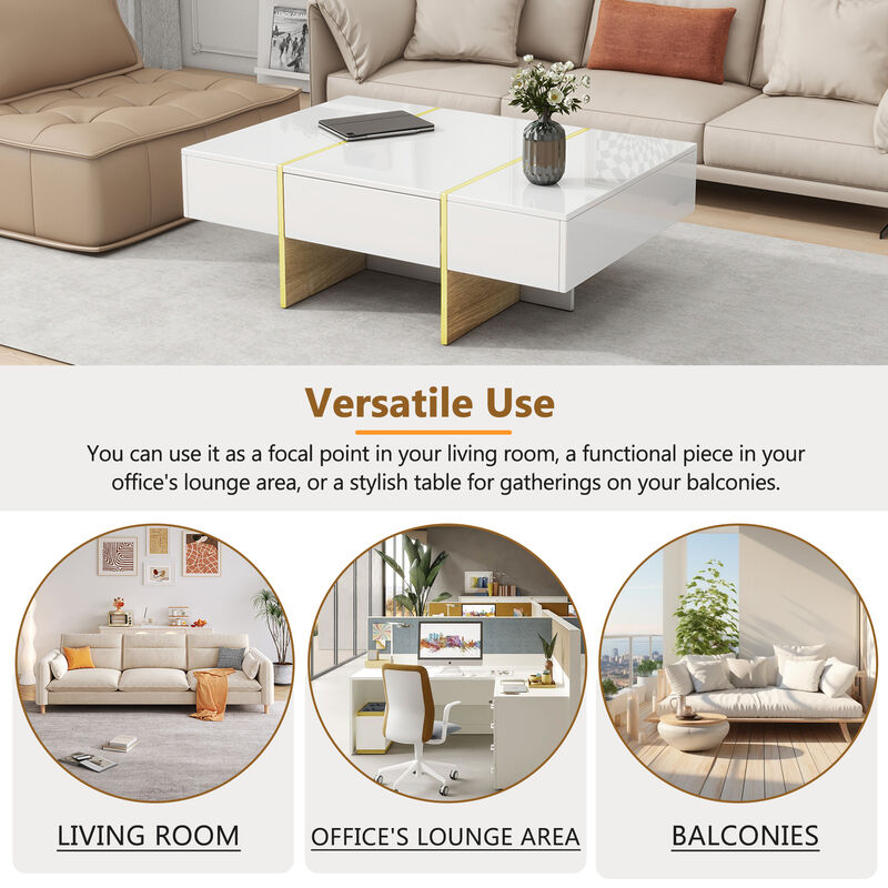 Clihome 47.2'' x 31.4''Minimalist High Gloss Coffee Table with 2 Drawers, Multi-Storage Rectangle Sofa Table with Golden Wood Grain Legs, Modern Center Table for Living Room