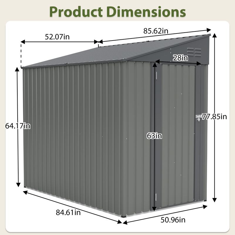 4x7 FT Olive Grey Lean-To Steel Shed, All-Weather Outdoor Storage with Vents & Lockable Doors image number 3